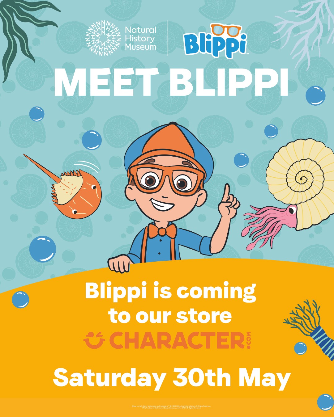 BLIPPI IS COMING TO OUR @characterdotcom STORE 

To celebrate @characterdotcom’s new Blippi x Natural History Museum collection, we’re hosting a very special meet & greet with Blippi himself on Saturday 30th May from 11am - 3:30pm .

Join us for:
🐚 Meet & greet photo opportunities
🐚 The chance to shop the brand new collection
🐚 Super cool freebies
🐚 Lots of family fun!

Don’t miss your chance to meet your favourite character, we can’t wait to see you there!  @blippi @natural_history_museum