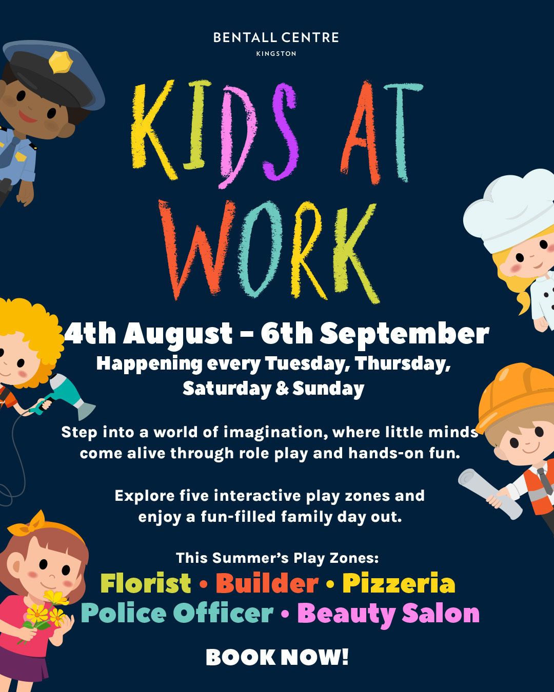 🌟 Kids at Work is coming to Bentall Shopping Centre this summer! 🌟

Get ready for little ones to step into exciting careers with hands-on activities and weekly themed adventures! 🎨✨

From Beauty Salon to Builder, Florist, Police Officer and Pizza Chef, there’s a new role to discover every week. 💇👷🌸👮🍕

📅 4th August – 6th September 2026
📍 Bentall Shopping Centre

🎟️ Collect stamps in your Kids at Work Passport and unlock a special reward! 🎉

Spaces are limited — pre-book your place via the link in bio 🔗