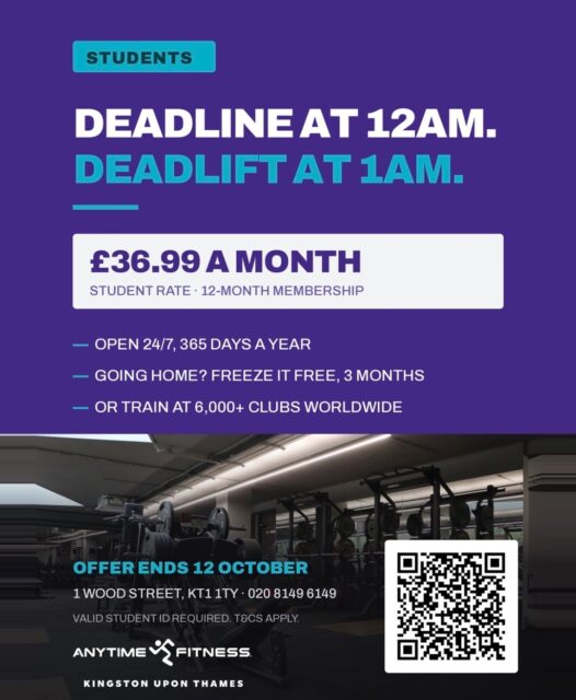🎓 Students, this one’s for you! 💪

Train 24/7 at Anytime Fitness Kingston upon Thames for just £36.99/month with a 12-month student membership.

📅 Offer ends 12 October, don’t miss out!