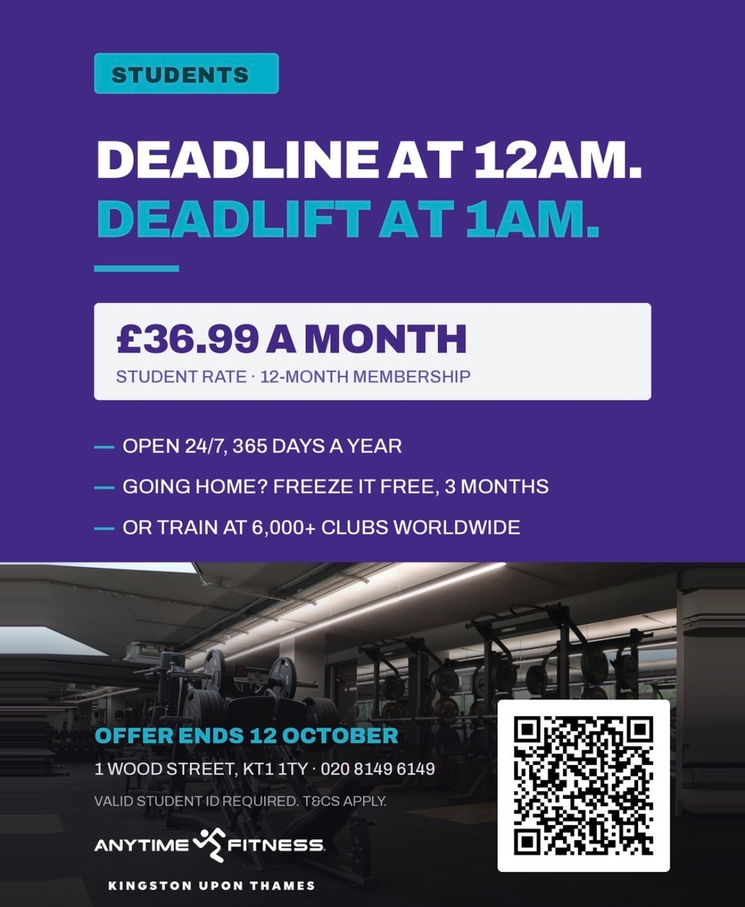 🎓 Students, this one’s for you! 💪

Train 24/7 at Anytime Fitness Kingston upon Thames for just £36.99/month with a 12-month student membership.

📅 Offer ends 12 October, don’t miss out!